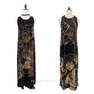 Citron Velvet Burnout Maxi Dress Gown S Black Tan Gold Whimsigoth Grunge Artsy